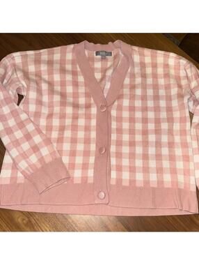 Marled V Neck Pink Gingham Cardigan